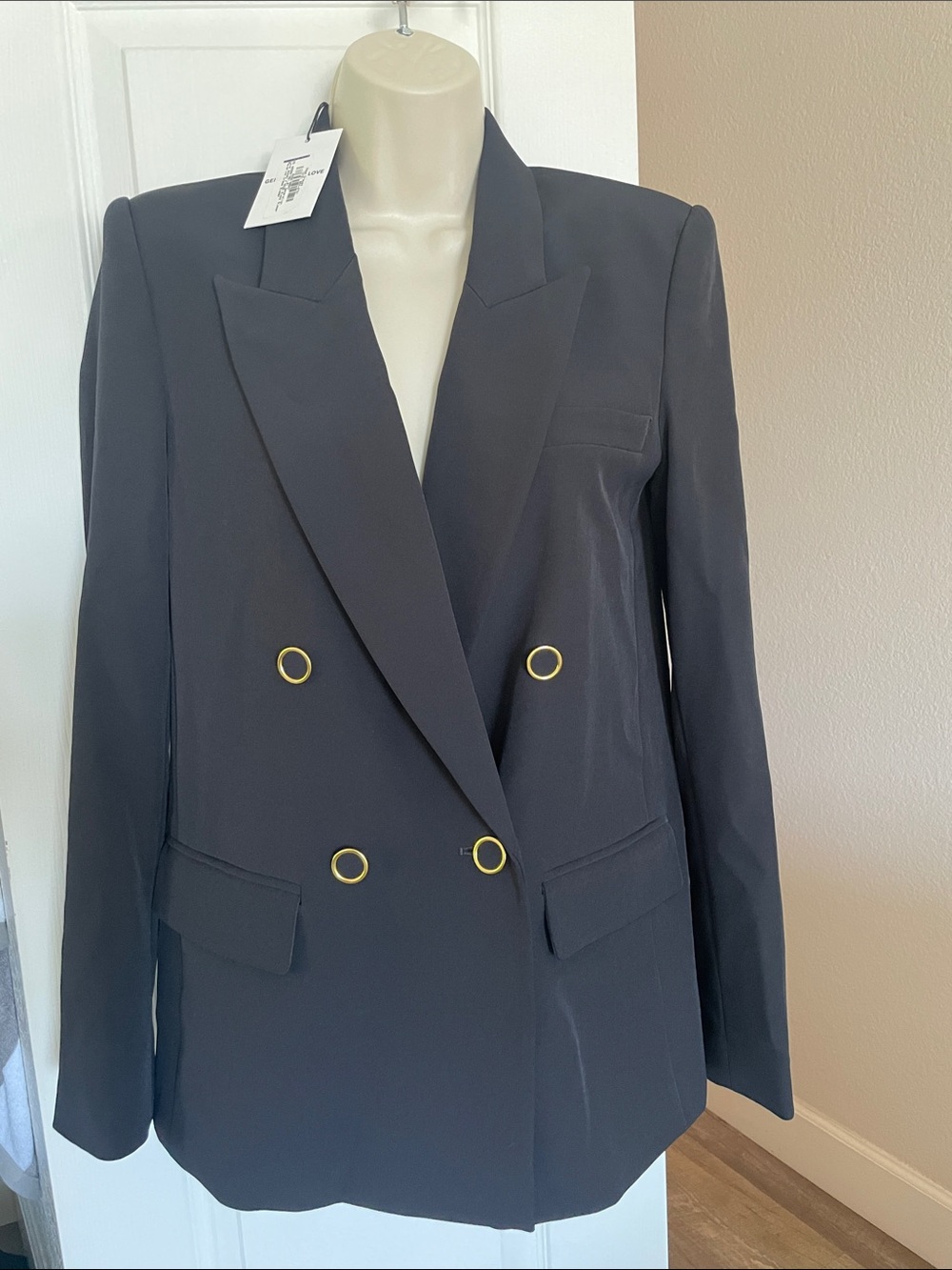 Generation Love Black Double-Breasted Blazer with Gold Ring Buttons